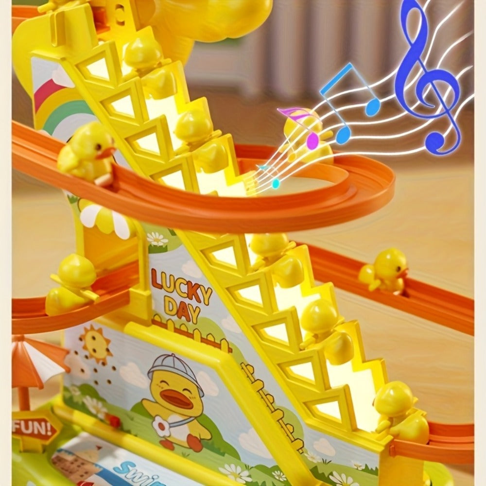 Electric Duck Climbing Stairs Toy with Music and Six-Duck Slide Loop