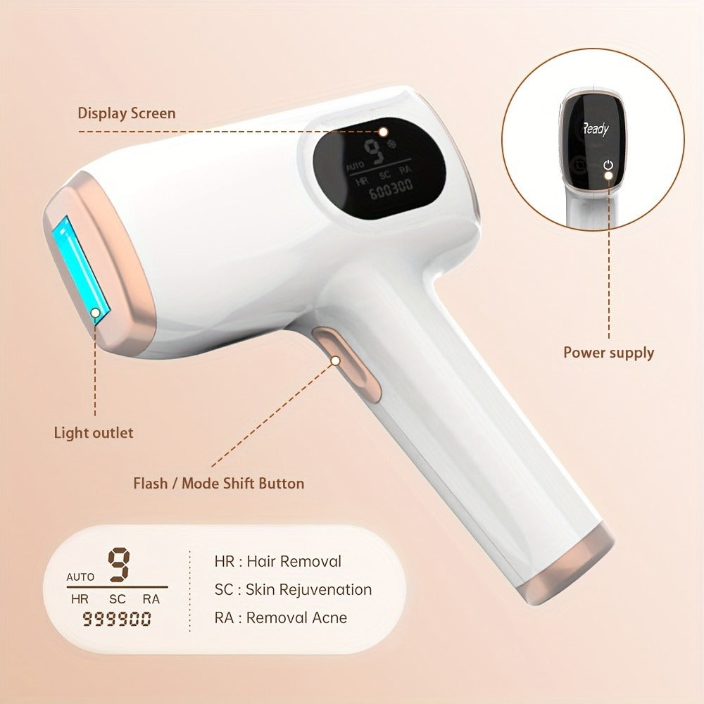 IPL Hair Removal Device Ice Cooling 999,900 Flashes — Painless Permanent Hair Remover for Women & Men, 9 Adjustable Levels Auto & Manual Modes, LCD Display, Legs Arms Armpits Bikini Face