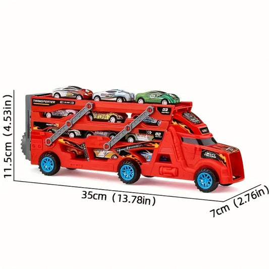 Car Carrier Truck Toy – Transforming Launcher Playset with 8 Alloy Cars & Foldable Storage, Red