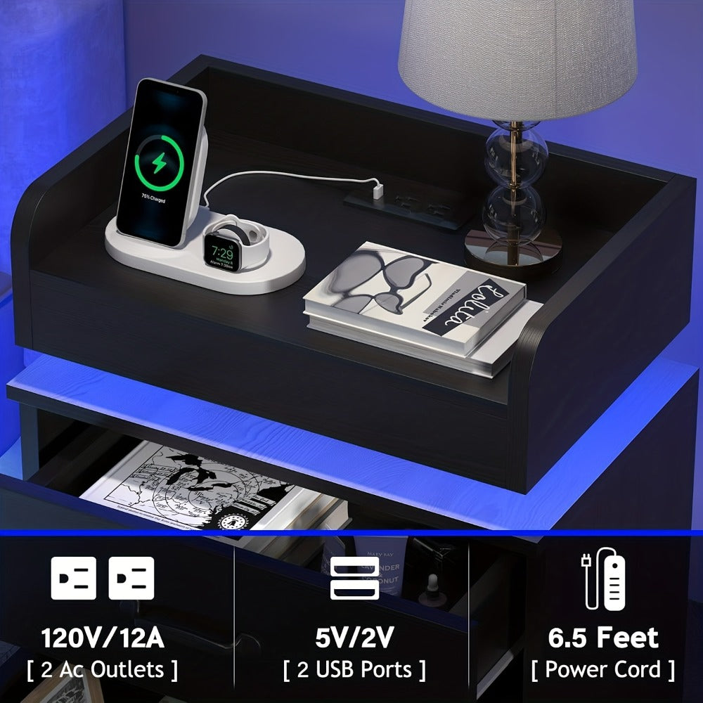 Small Nightstand with USB Charging Station & LED Lights – Compact Bedside Table with Drawer | Under 27 Inch Floor Mount | Dorm Studio Apartment Small Bedroom | Black or White | College Dorm Gift