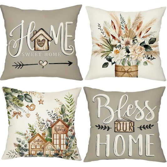 Eucalyptus Leaf Pillow Covers, Set of 4 in White and Gray Farmhouse Style