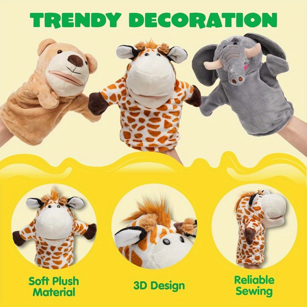 Animal Hand Puppets Set 6pcs Zoo Plush Puppets with Movable Mouths, Elephant Giraffe Lion Bear Raccoon Monkey, Storytelling Role Play Theater Toy for Kids Toddlers, Birthday Christmas Gift