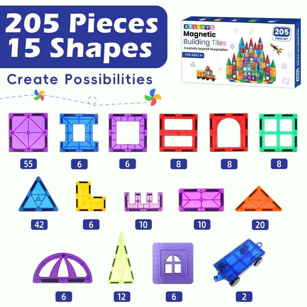 Clear Magnetic Tiles Building Set for Kids, 3D Magnet Blocks in 80, 106, 136 or 205 Pieces, Ages 3+