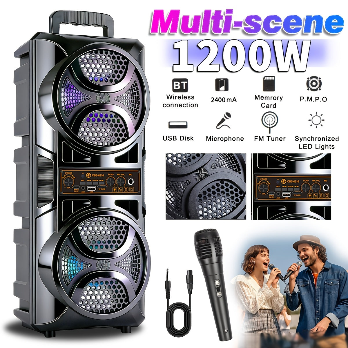 1200W PA Bluetooth Speaker with Wired Microphone & LED Lights – Portable Rechargeable Wireless Speaker, Supports AUX, USB & FM Radio, Ideal for Parties, Outdoor Events & Holiday Gifts