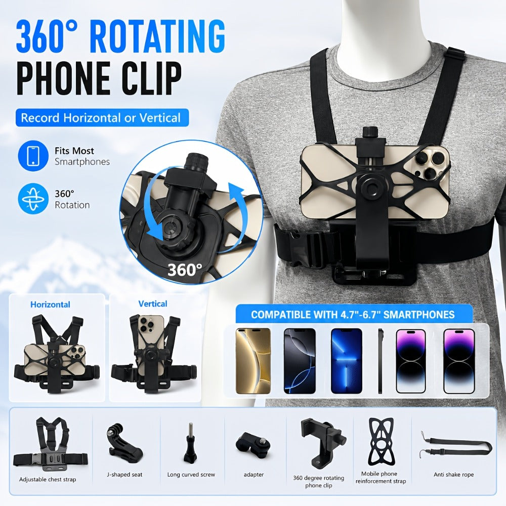 Chest Mount Harness for GoPro Hero 13 12 11 10 9 8 – Adjustable POV Chest Strap for Insta360 X4 X3 DJI Osmo Action 4 3 iPhone Samsung Phone – Hands-Free Camera Holder for Bike Kayak Fishing Hiking Vlog
