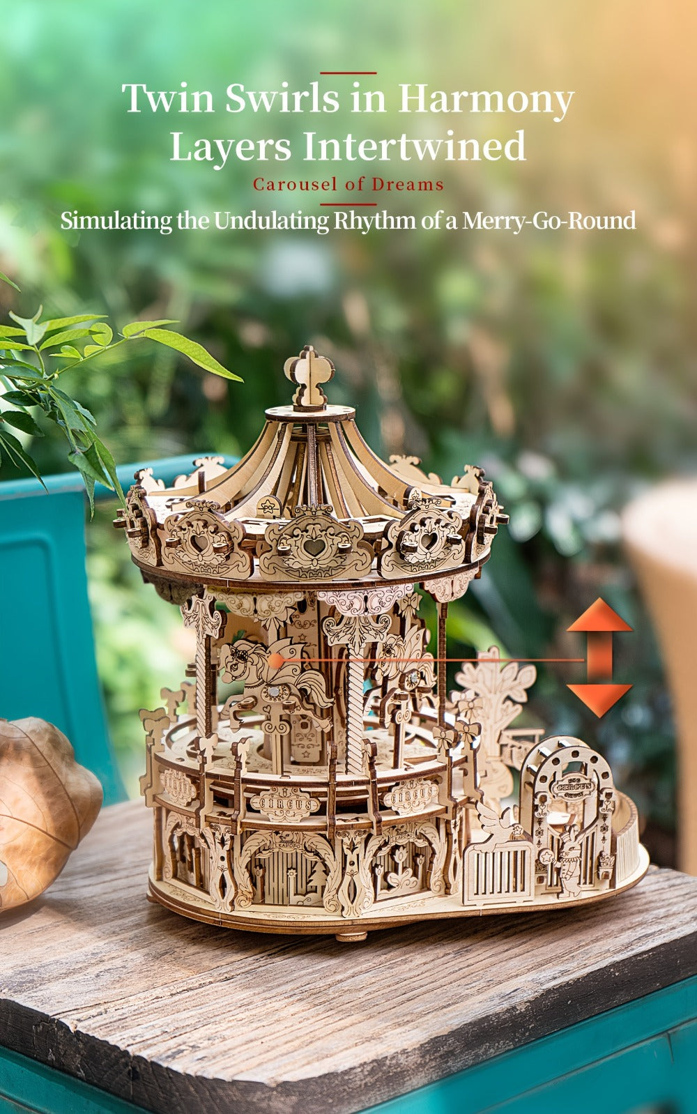 Rotating Merry-Go-Round Wooden Puzzle Kit – Mechanical Carousel 3D Model for Adults & Teens, DIY Kinetic Display Piece, Unique Christmas Birthday Gift (Treehouse, Cello, Airship, Pumpkin Styles)