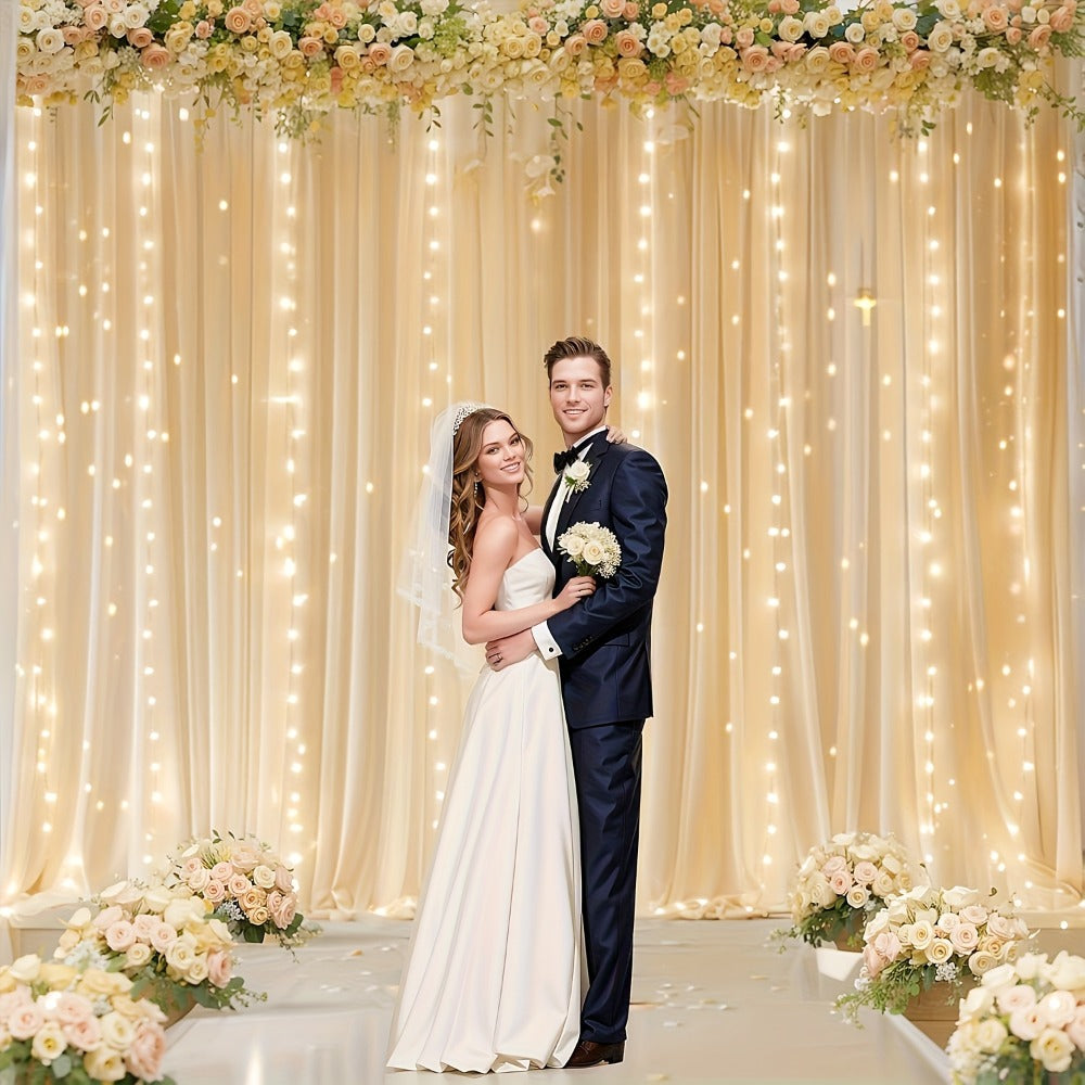 Champagne Tulle Backdrop with String Lights 5.2x10Ft 2pcs Sheer Curtain Photo Booth Props Wedding Party Background Decoration Non-Porous
