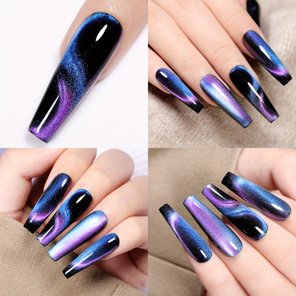 Cat Eye Gel Nail Polish Magnetic 8pcs Aurora Glitter Black Crystal Semi-Permanent — 3D Light-Shifting Nail Art Gel No Base Color Required 0.24oz LED UV Salon Home Manicure