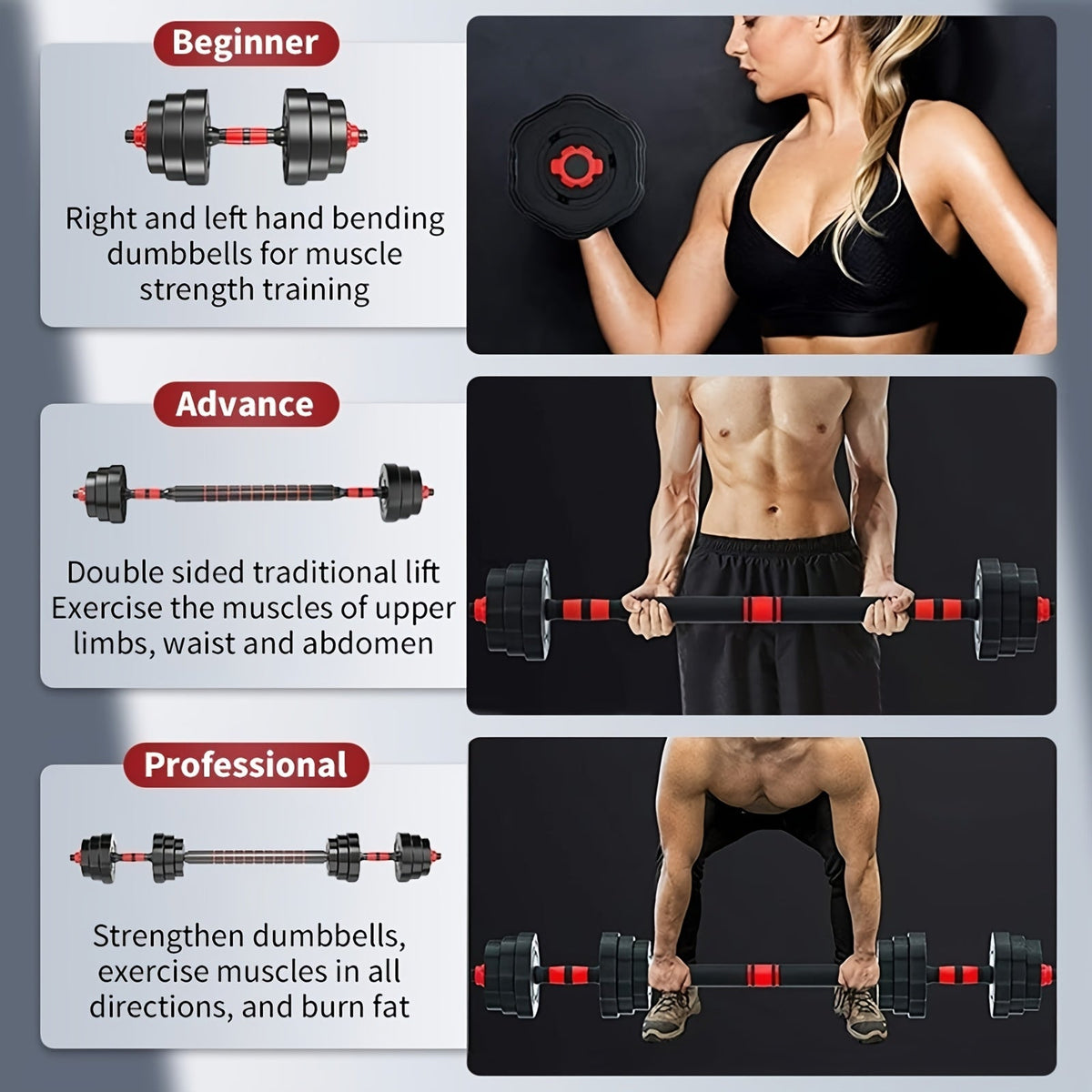 Adjustable Dumbbell Set 44lb | Men Women Free Weight Barbell with Thick Connecting Bumper Plates | Home Gym Strength Training Equipment Combo for Fitness Workout Black