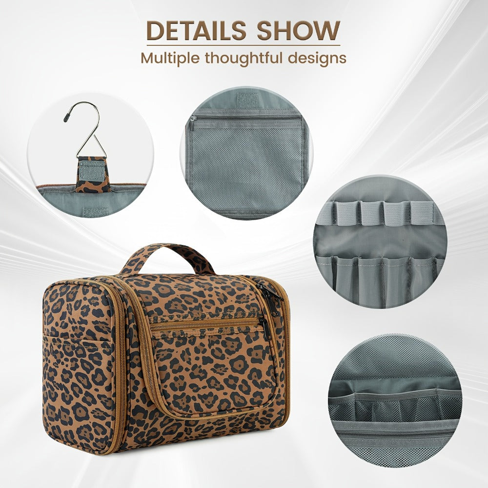 Hanging Toiletry Bag with Hook for Women Men Large Capacity Multi-Pocket Travel Shower Bag Cosmetic Makeup Organizer for Hotel Gym Camping 7 Prints Pink Black Leopard