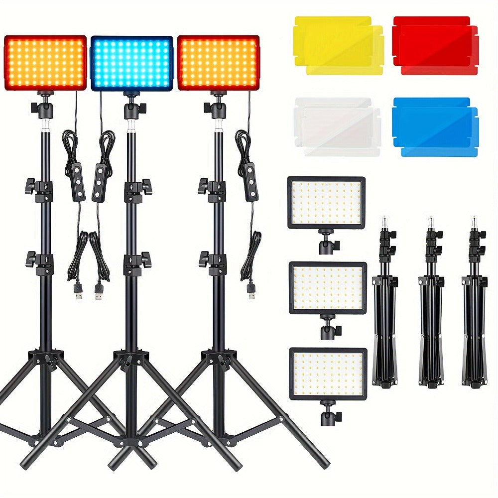 LED Video Fill Light Panel Kit with Tripod Stand & RGB Filters | Dimmable 5600K Studio Light for Vlogging, Photography, Video Streaming & Tabletop Shooting | 2 or 3 Pack