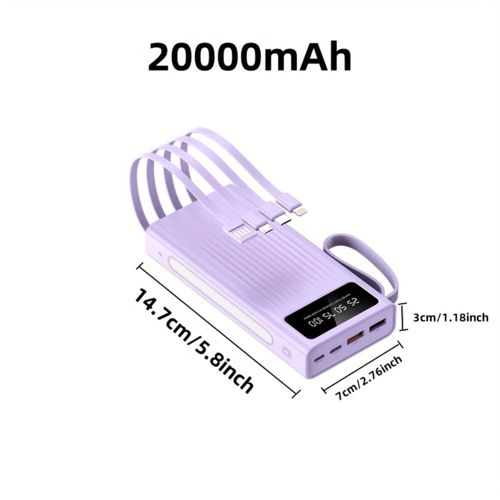 30000mAh Large Capacity Power Bank 15W Fast Charging with 4 Built-In Cables & 4-Mode Camping Light, Business Minimalist Portable Charger 10000mAh 20000mAh Compatible with iPhone Android – Black Purple White