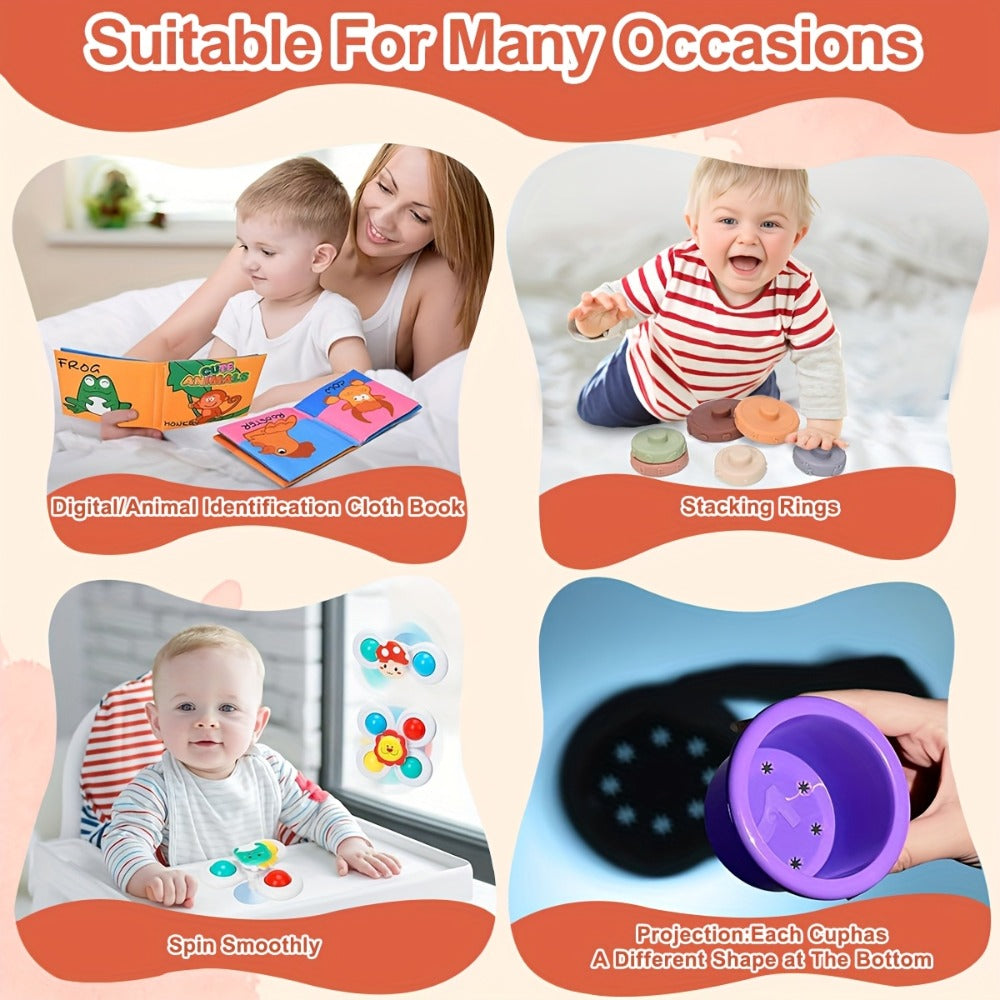 3-in-1 Baby Sensory Toy Set, Stacking Cups, Spinning Top & Cloth Book