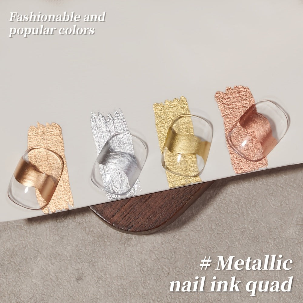 Blooming Gel Nail Art Set 4pcs – Metallic Golden Silver Smudge Liquid, High Saturation No-Wipe Alcohol-Free Gel Polish, Gradient Watercolor Ombre Effect, Long Lasting DIY Salon Nail Design