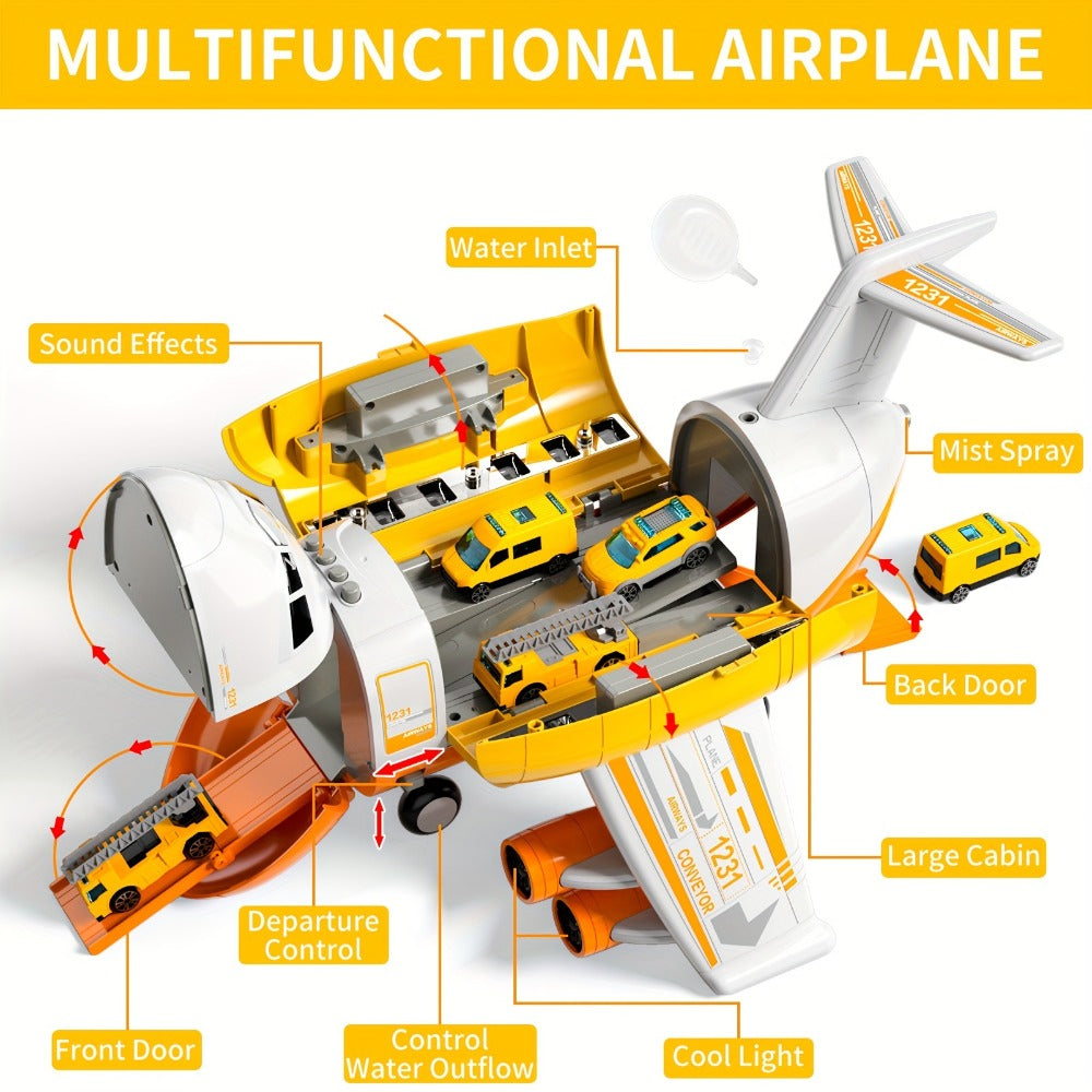 Transport Cargo Airplane Toy for Kids – Jumbo Plane with 10 Mini Cars & Spray Mist