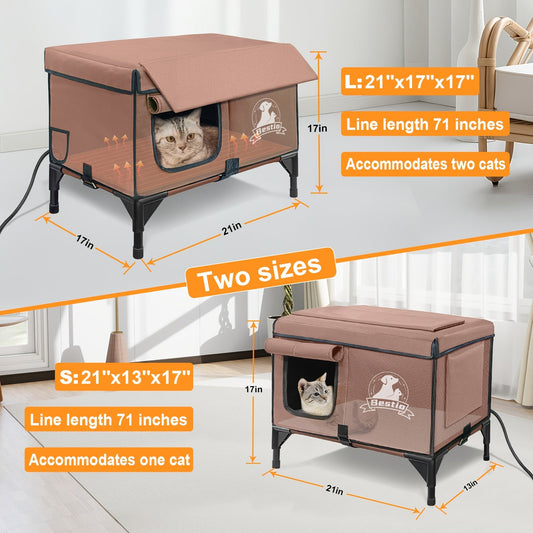 Heated Cat House with Removable Warming Pad, Elevated Bed and Double-Door Cave