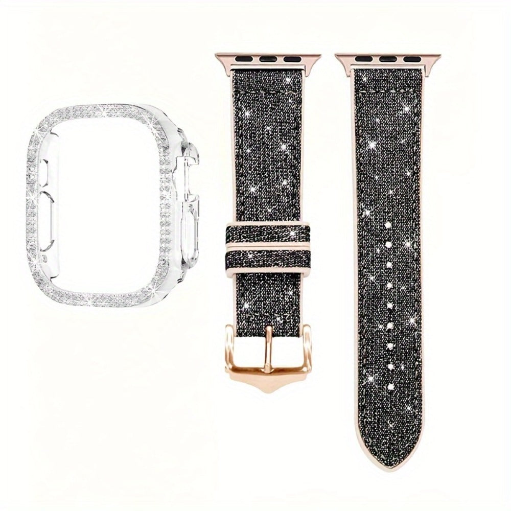 Apple Watch Band with Case Crystal Rhinestone Bling, Chameleon Color-Shift Strap + Shockproof Hard PC Cover, Compatible with Apple Watch Series 1-9 SE Ultra 38mm to 49mm S10 – Rose Gold Black Silver Women