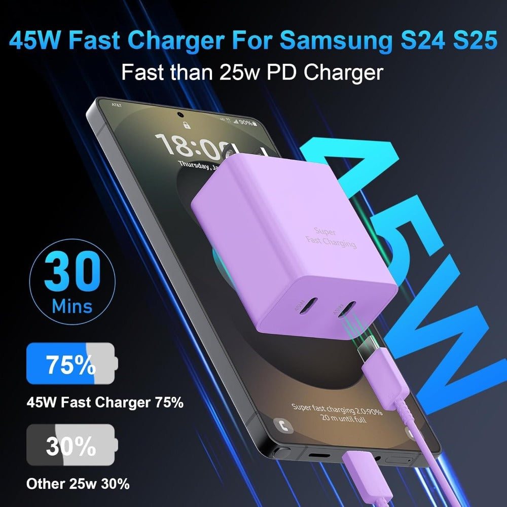 45W Samsung Super Fast Charger USB-C Dual Port Android Fast Charging Block with 10FT Long USB-C Cable for Samsung Galaxy S25 Ultra S25+ S24 Ultra S24 S23 A55 A35 – Purple
