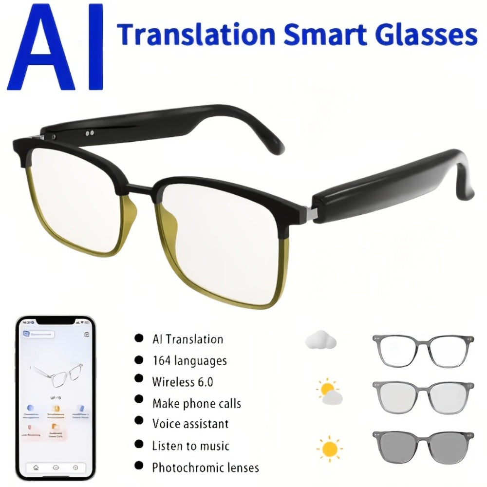 Translation Smart Glasses with 160-Language Real-Time Translation, Hi-Fi Music & HD Voice Calls – Photochromic, Metal Frame & Double-Sided Options, Built-in Mic & Speaker, Unisex