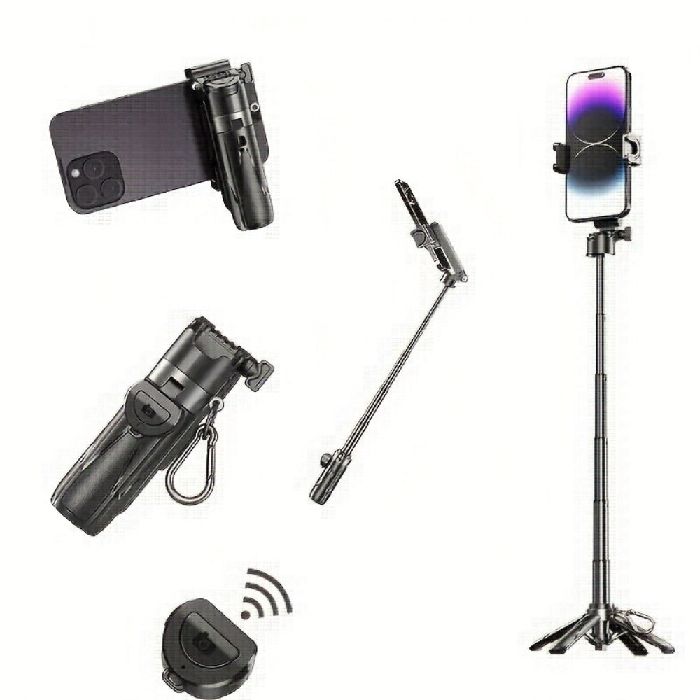 DSLR-Style Grip Selfie Stick Tripod 3-in-1 with 16 Inch Extendable Arm One-Click Unfold Stand & Wireless Bluetooth Remote – Portable Phone Stand for Concerts Hiking Desktop Live Streaming iPhone Android