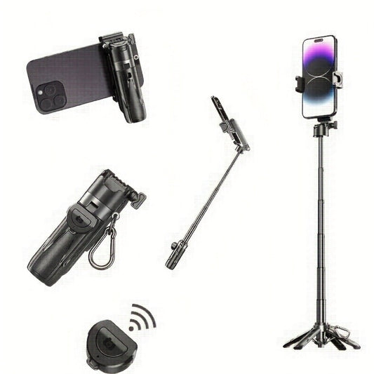 DSLR-Style Grip Selfie Stick Tripod 3-in-1 with 16 Inch Extendable Arm One-Click Unfold Stand & Wireless Bluetooth Remote – Portable Phone Stand for Concerts Hiking Desktop Live Streaming iPhone Android