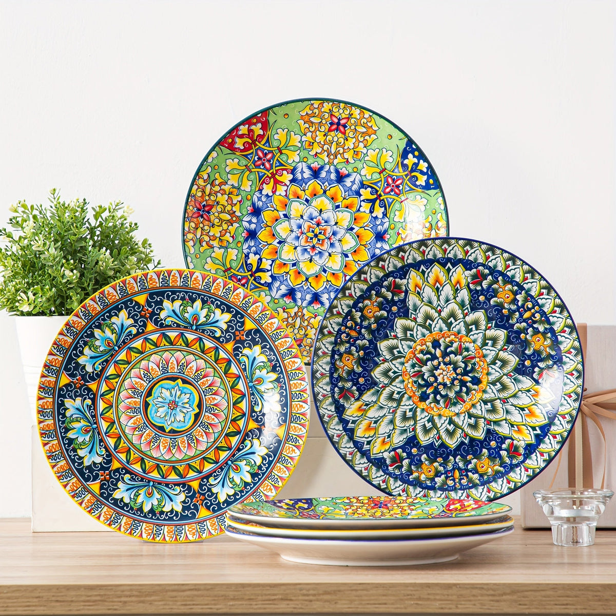 Bohemian Dinner Plates Set of 6 – 10.5 Inch Colorful Stoneware Plate Set Microwave Dishwasher Safe Scratch Resistant Porcelain Dinnerware for Home Restaurant Cafe Boho Kitchen Decor Gift