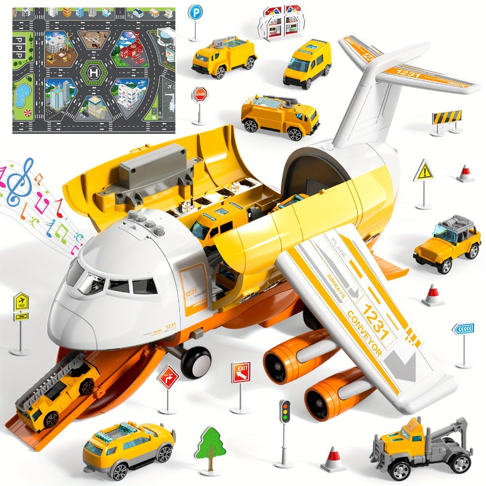 Transport Cargo Airplane Toy for Kids – Jumbo Plane with 10 Mini Cars & Spray Mist