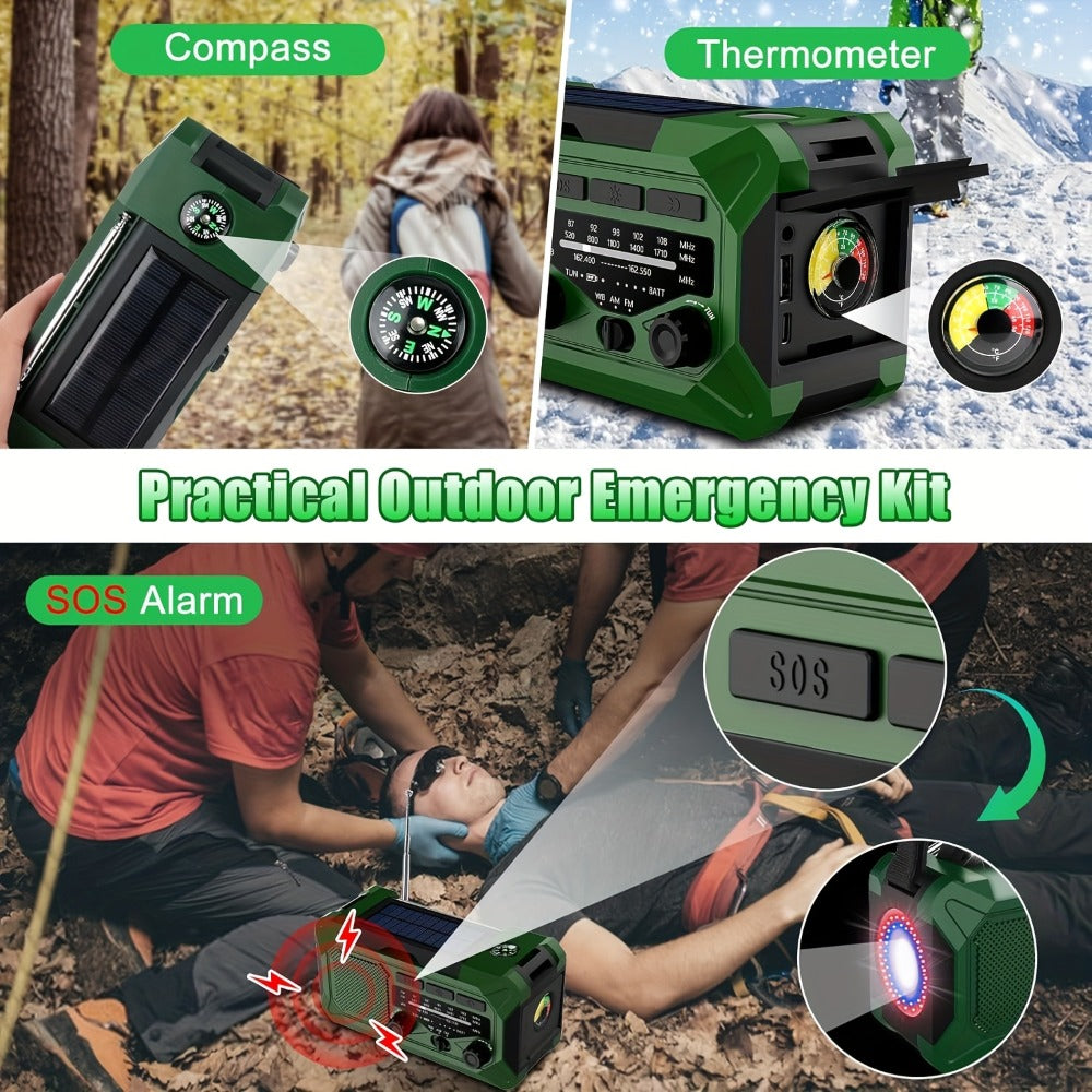 Emergency Radio Hand Crank Solar USB 3-Way Charging AM FM with 10000mAh Power Bank, SOS Alarm, LED Flashlight, Reading Light, Thermometer, Compass for Family Home Survival Kit