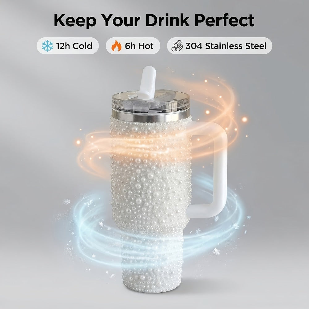 40oz Rhinestone Tumbler with Handle and Straw – Stainless Steel Double Wall Insulated Cup | Pearl Glitter Travel Mug for Sublimation Outdoor Sports Camping Holiday Gift