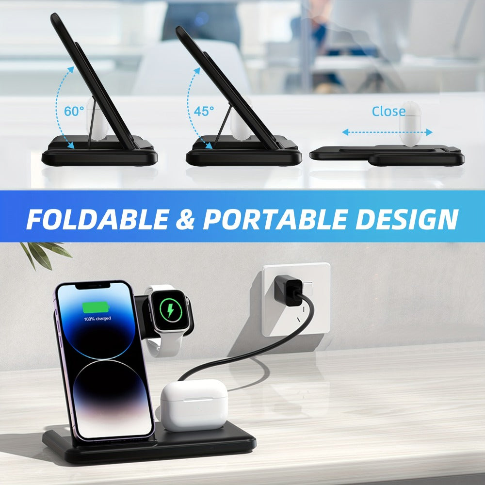 USB-C 3-in-1 Wireless Charging Station Upright Stand – Fast Charge Dock for iPhone 16 15 14 13 12 Pro Max, Apple Watch Ultra Series 10 9 8 7 SE & AirPods Pro 2 | Black & White