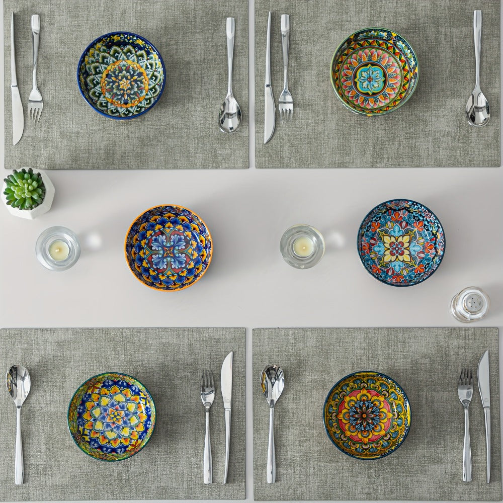 Cereal Bowl Set of 6 Bohemian Style 26oz – Colorful Ceramic Bowls for Cereal Soup Oatmeal Salad Ice Cream Pasta Microwave Dishwasher Safe Boho Kitchen Decor Gift for Home