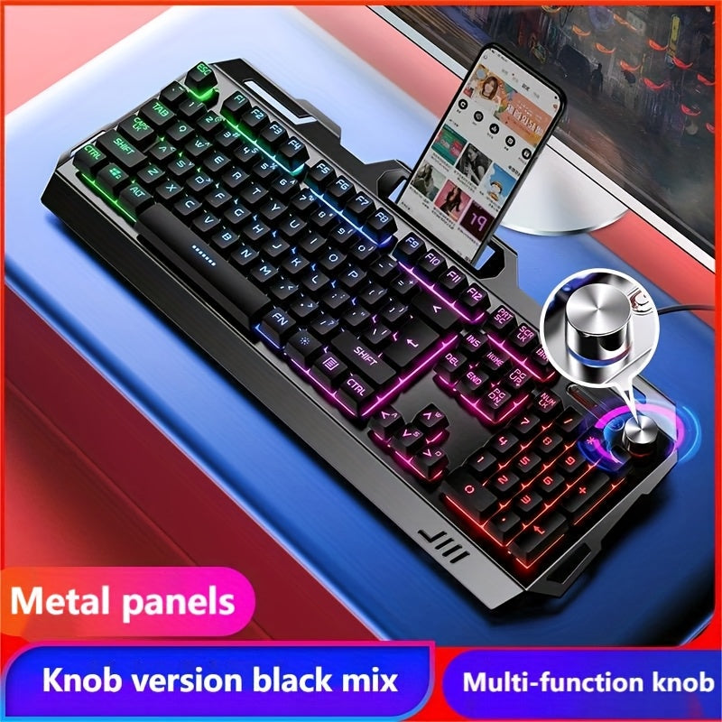 LED Backlit Wired Gaming Keyboard 104 Keys Full Size – Quiet Ergonomic Design, Adjustable Volume Knob, USB Powered, Compatible with Desktop and Laptop Computers, Office and Home Use