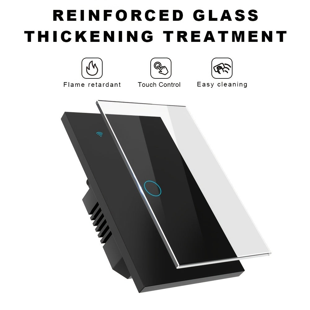 Black Tempered Glass WiFi Smart Light Switch 1/2/3/4 Gang – US Standard, Works with Alexa & Google Home, Tuya App, Smart Scenes, Timer, Voice & App Control, Neutral Wire Required, 100-240V