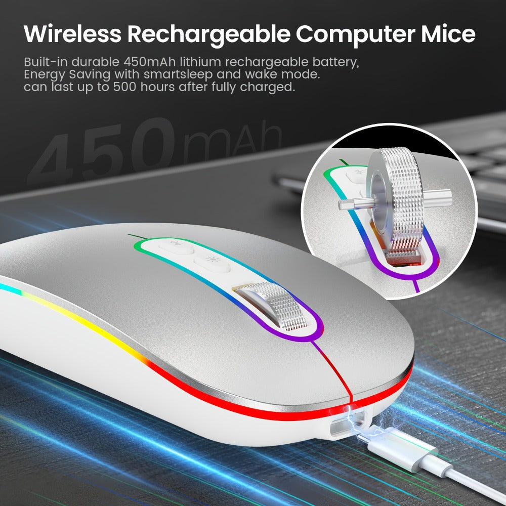Slim Wireless Mouse Bluetooth 5.1 2.4G Dual Mode Silent Rechargeable LED Indicator Thin Quiet Computer Mouse iPad MacBook Mac Laptop PC Windows Chromebook Pink