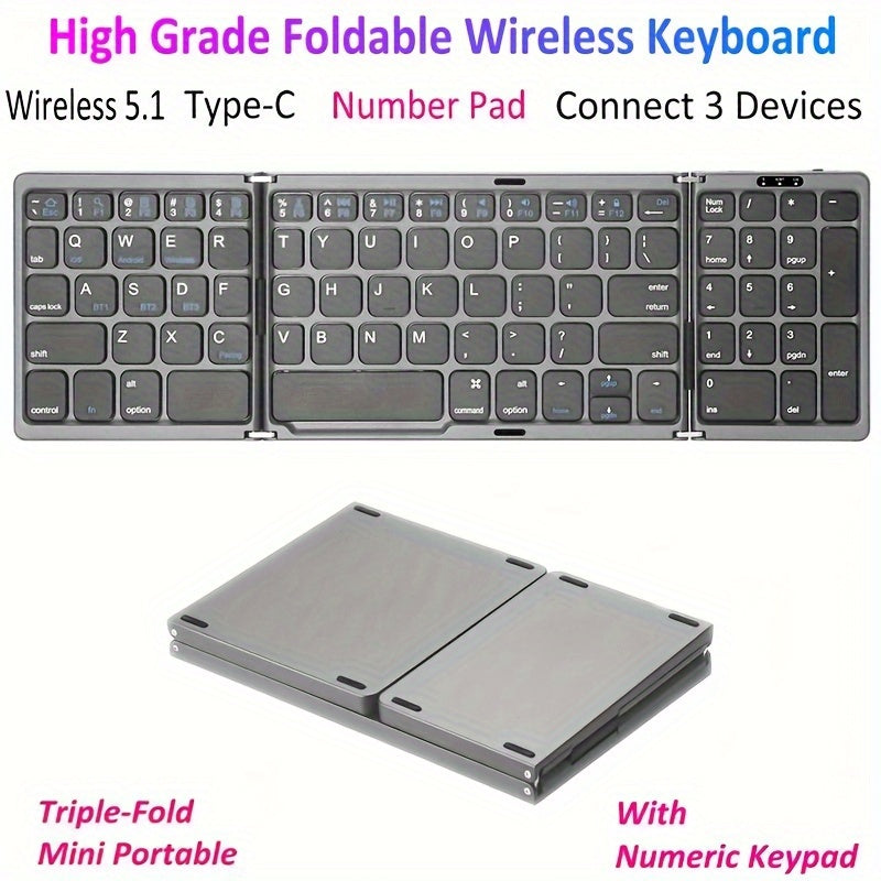 Foldable Bluetooth Keyboard with Numeric Keypad Triple Fold BT5.1 3-Device Multi-Switch USB-C Rechargeable Portable Wireless Keyboard for iPhone iPad Android Tablet Windows Mac Grey
