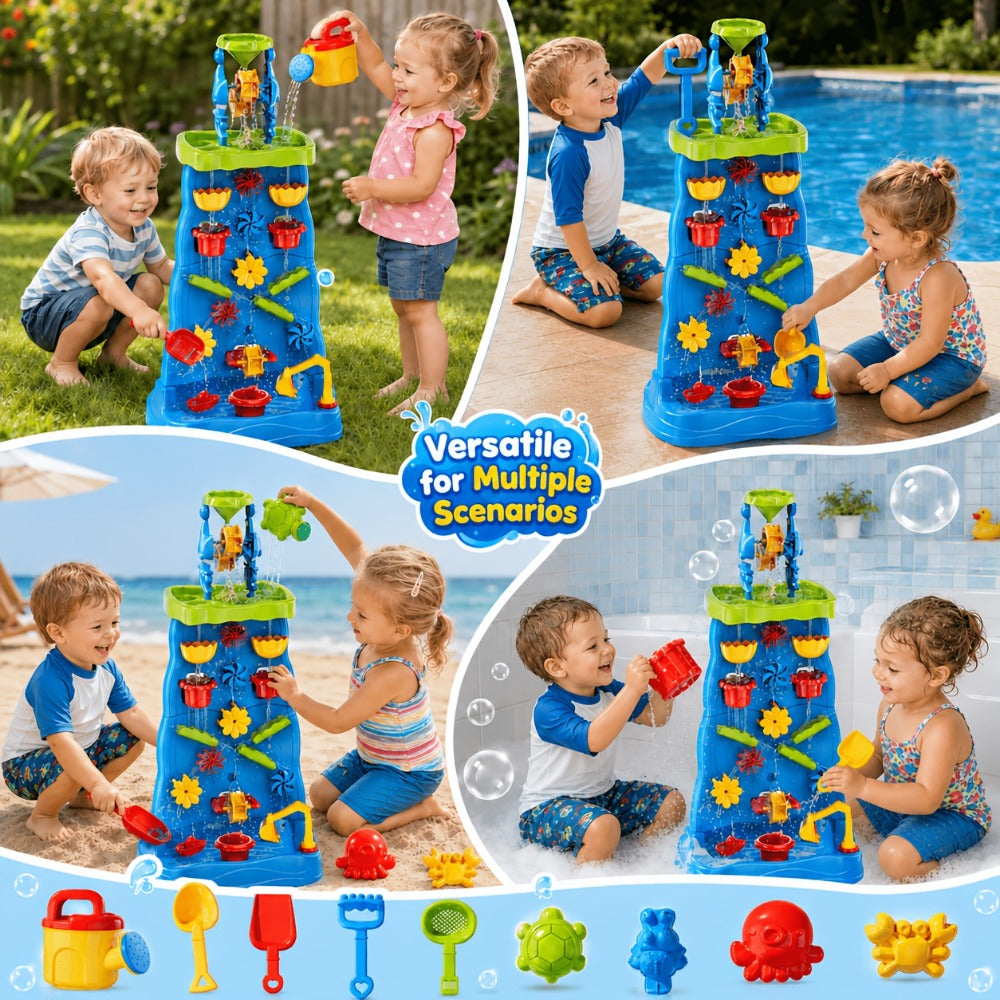 Kids Water and Sand Play Table with Double-Sided Waterfall and Beach Zone