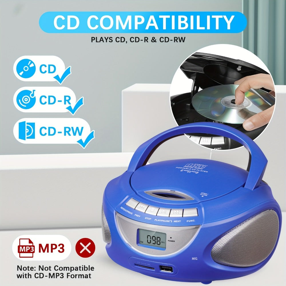 Portable CD Player Boombox with AM FM Radio Dual Stereo Speakers, Aux Input USB TF Card MP3 Player, Earphone Jack, A-B Repeat, Plug & Play 120V, Multi-Function Home & Outdoor CD Boombox