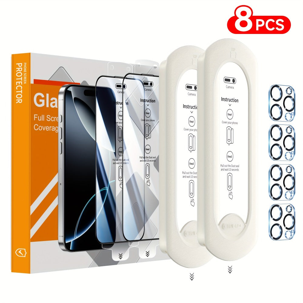 9H Tempered Glass Screen Protector for iPhone 8-Pack with Alignment Tool – 4 Screen + 4 Camera Lens, HD Clear, Bubble-Free, Case Compatible, iPhone 16 Pro Max / 15 / 14 / 13 / 12 / 11 Series