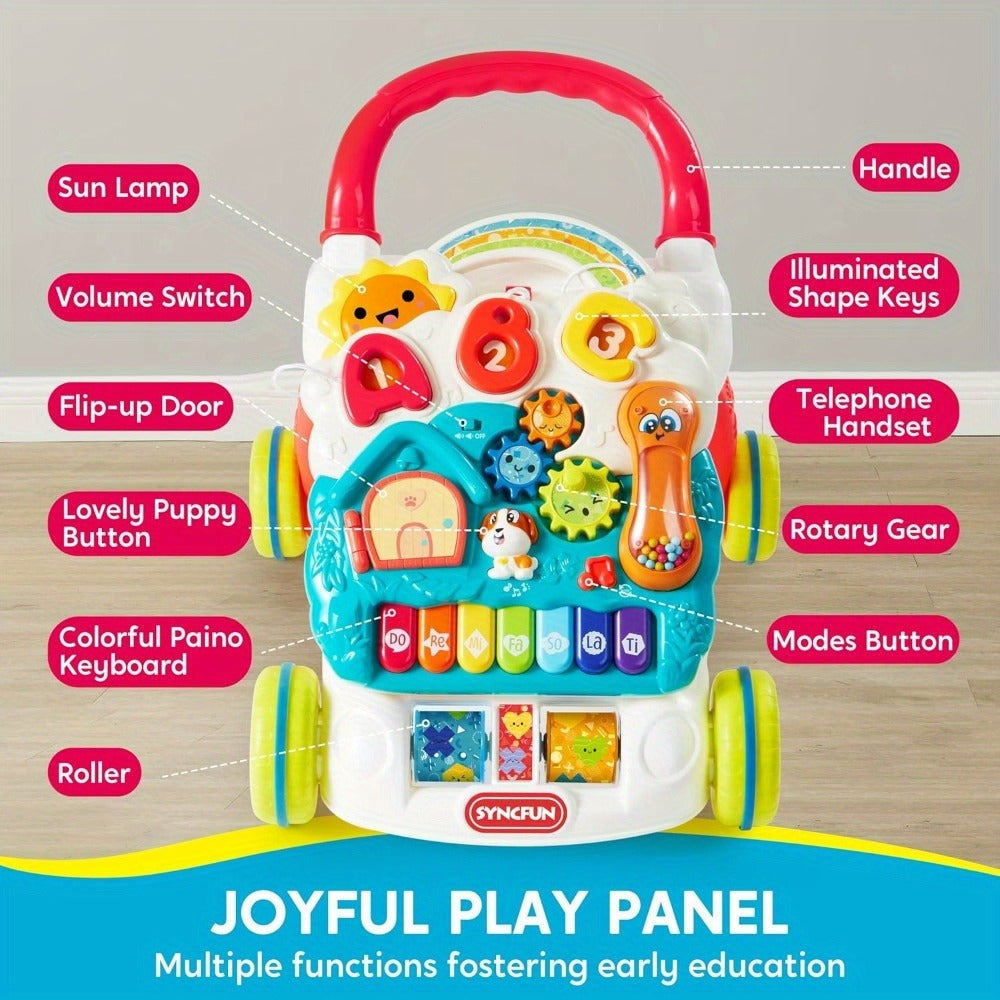 Sit to Stand Baby Push Walker 2-in-1 Adjustable Speed Learning Walker Detachable Play Panel 7-Mode Piano Light-Up Buttons Sound Effects | Infant Walking Toy for Boys Girls | Baby Shower Birthday Gift