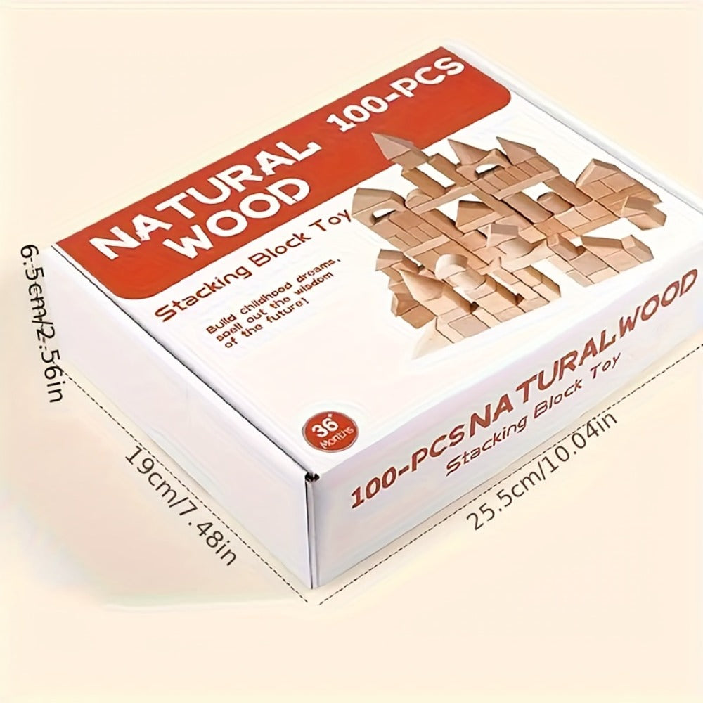 100-Piece Unpainted Beech Wood Building Blocks for Stacking and Sorting