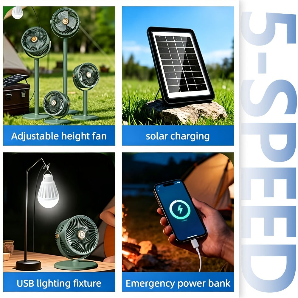 Solar Floor Fan 33-Inch Rechargeable 4000mAh USB Standing Fan Power Bank 2-in-1 360° Tilt 5-Speed 4-Height Adjustable for Indoor Outdoor Courtyard RV Camping