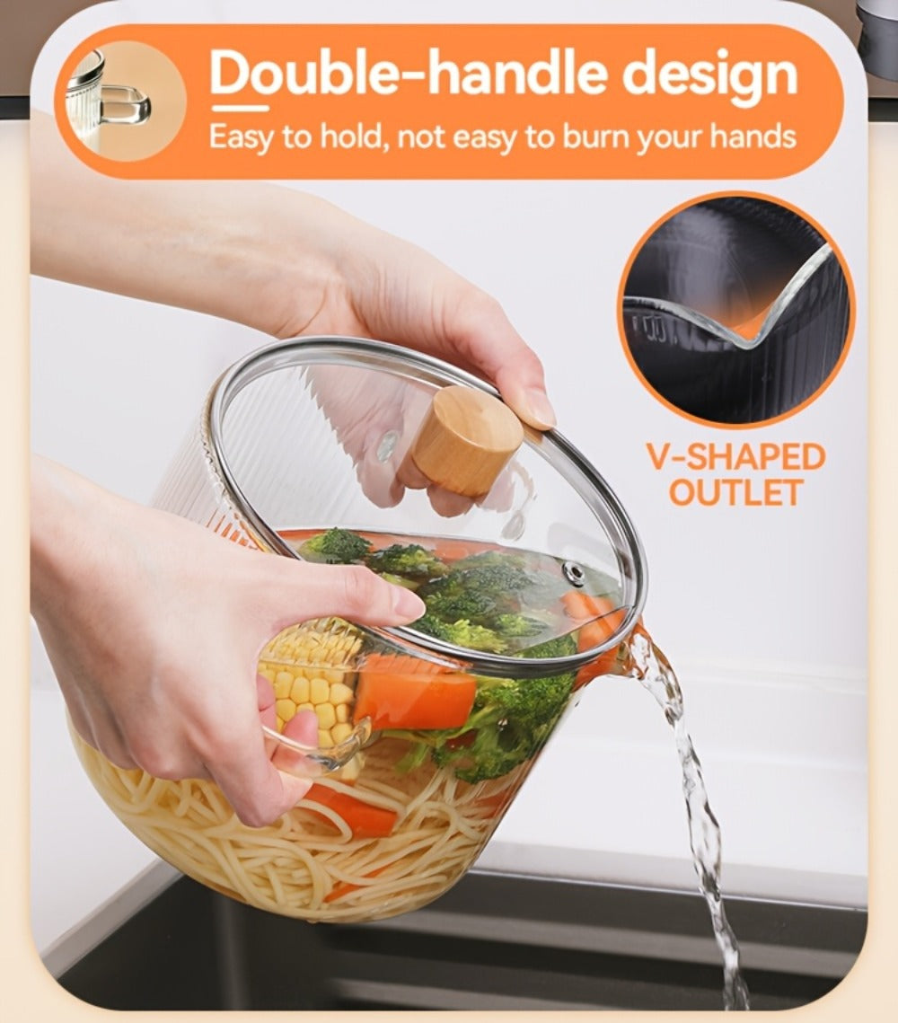 Glass Saucepan Set 2-Pack Stovetop Safe Borosilicate Ribbed Pots with Lids – 78oz & 54oz Heat Resistant Cookware for Soup, Ramen, Milk | Transparent Glass Pot Kitchen Cooking Set with Baking Mat