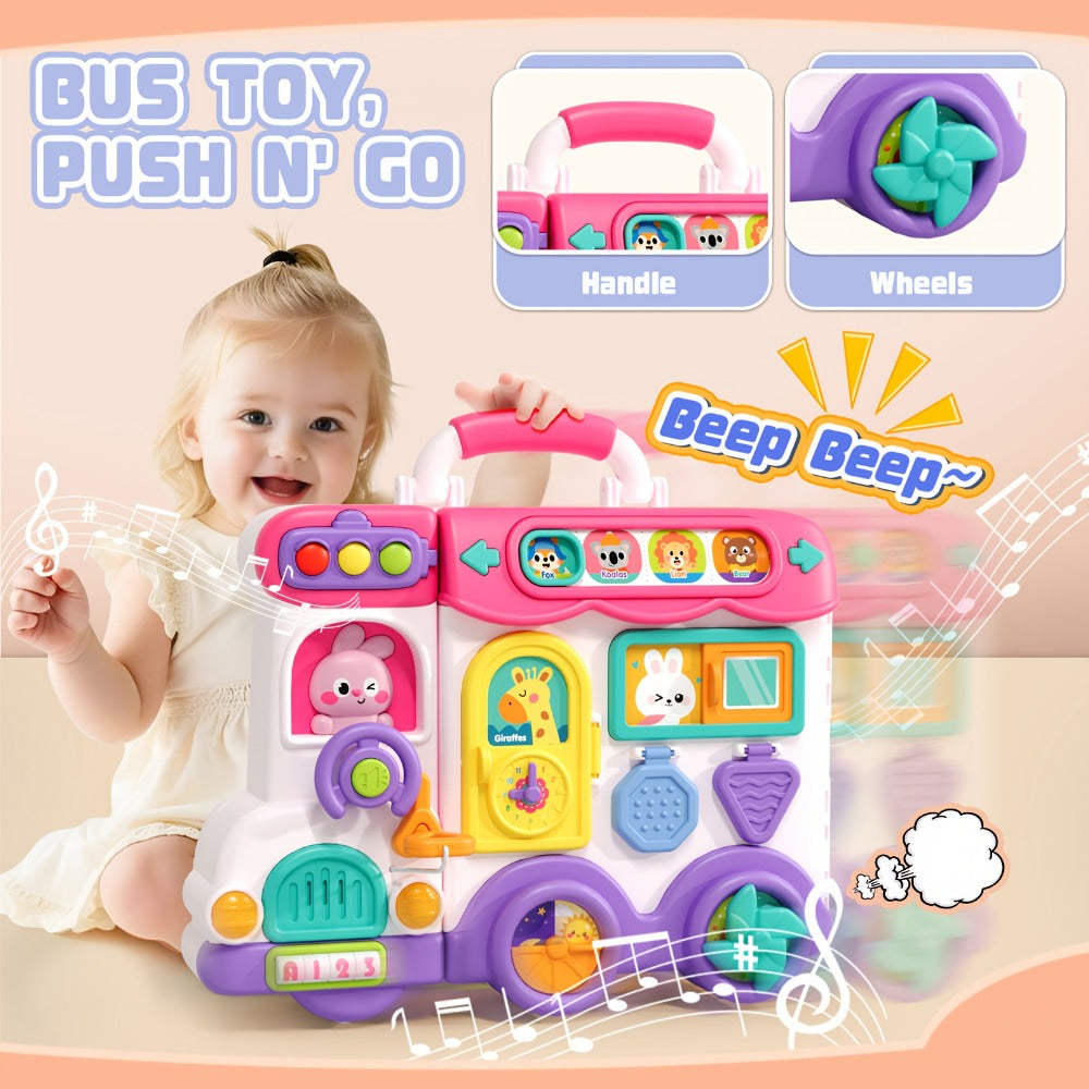 Musical Busy Board Bus Toy for Toddlers 18 Months – Pink Baby Activity Board, Early Educational Motor Skills Developmental Toy for 1 2 Year Old Boys & Girls, Birthday Gift for Baby