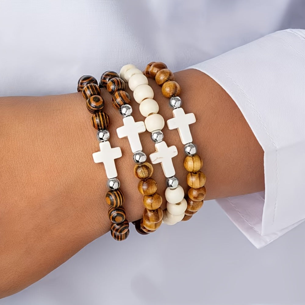 Cross Bracelets Bulk Set – Alloy Cross Pendant Woven Elastic Bracelets, 20 or 40 Pcs Assorted