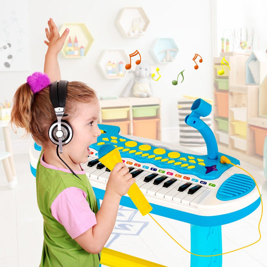 Kids Piano Keyboard, 31 Keys with Microphone and Stool in Blue