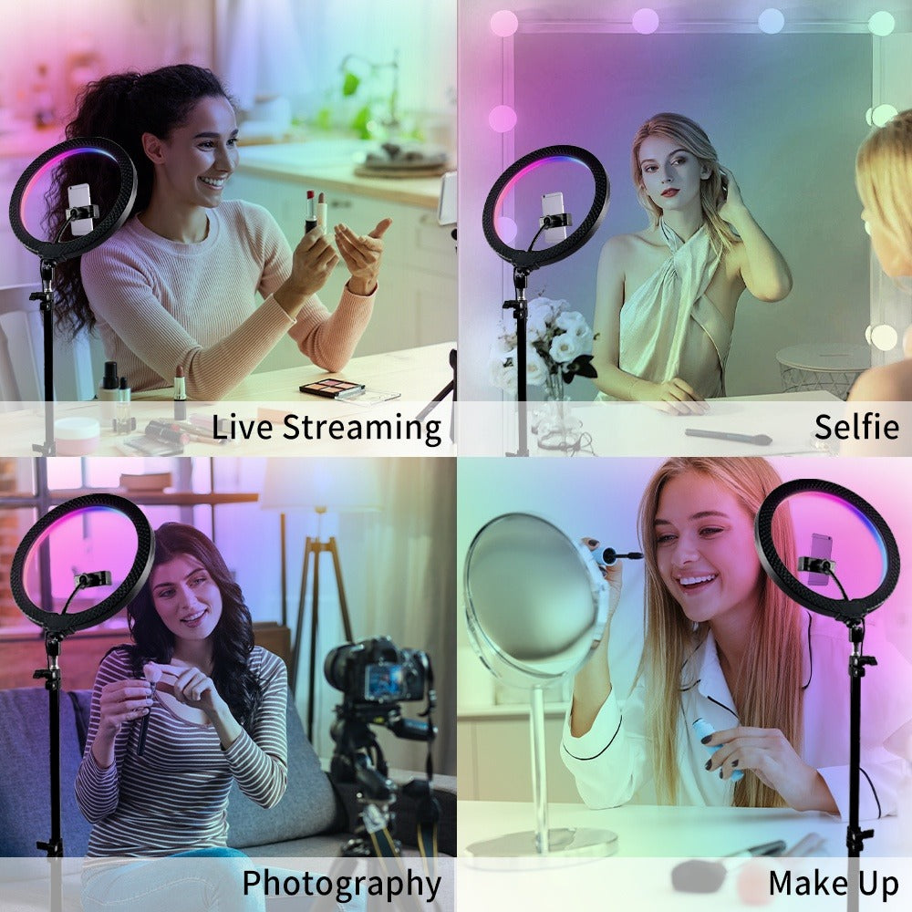 Ring Light 12 Inch Adjustable Brightness RGB with 63 Inch Floor Stand for Photo Selfie Video Recording Zoom Meetings Vlog Live Streaming TikTok YouTube Makeup