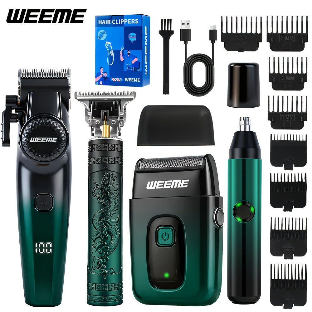 Hair Cutting Set 4pcs Professional - Electric Hair Clipper, Electric Shaver, T-Blade Trimmer & Nose Hair Trimmer, Gradient Green Gift Box, Precise Grooming Kit for Home Use & Gift
