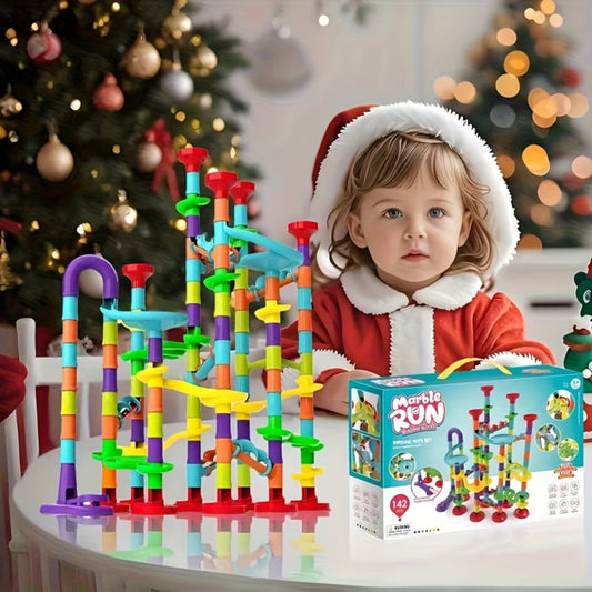 Marble Run Building Block Set with Glass Marbles, 112 or 147 Piece Race Track Toy for Ages 4+