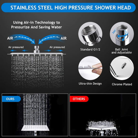Rainfall Shower Head with Handheld Combo, 8-Inch Chrome, 11-Inch Extension Arm