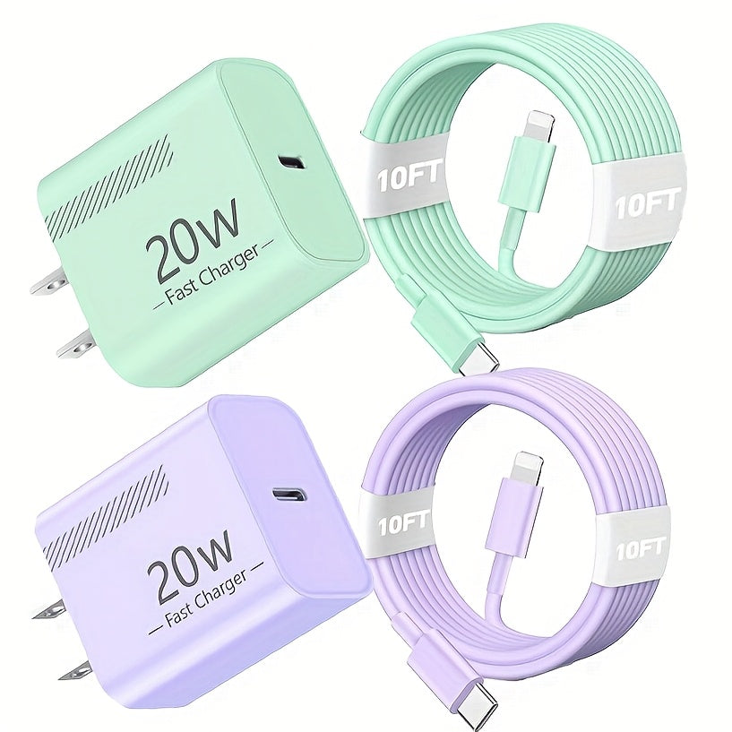 20W iPhone Fast Charger Bundle 3-Pack with 10ft L-Shaped Lightning Cable – 3 Chargers + 3 Cables Set for iPhone 14 13 12 11 Pro Max SE XR – Multi-Color USB-C Wall Charger Kit Family Value Pack